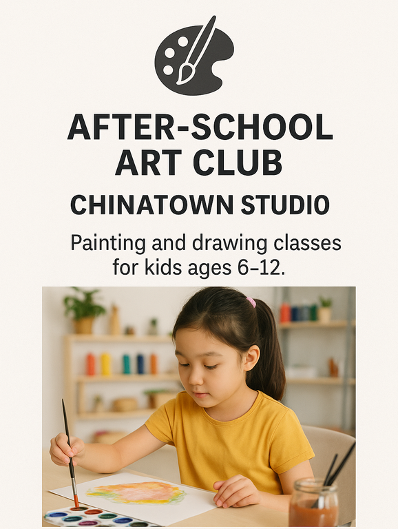 Affordable, fun art sessions in Chinatown! Small groups and hands-on projects in a cozy studio setting. Great for parents looking for safe, enriching after-school care. Creative after-school art program for kids ages 6–13, led by local artist-educators. Drawing, watercolor, clay—nurture expression after the school bell. 115 Hester St, Studio 3F, New York, NY 10002, (212) 555‑2122, createandgrownyc@gmail.com