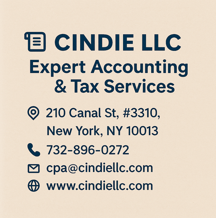 Serving the Chinatown community with over 10 years of experience, Cindie LLC provides professional accounting, tax filing, payroll, and bookkeeping services. Known for bilingual service (Mandarin/English), accuracy, and fast turnaround. Ideal for individuals, small businesses, and freelancers. 210 Canal St, #3310, New York, NY 10013, (732)‑896‑0272, cpa@cindiellc.com, www.cindiellc.com