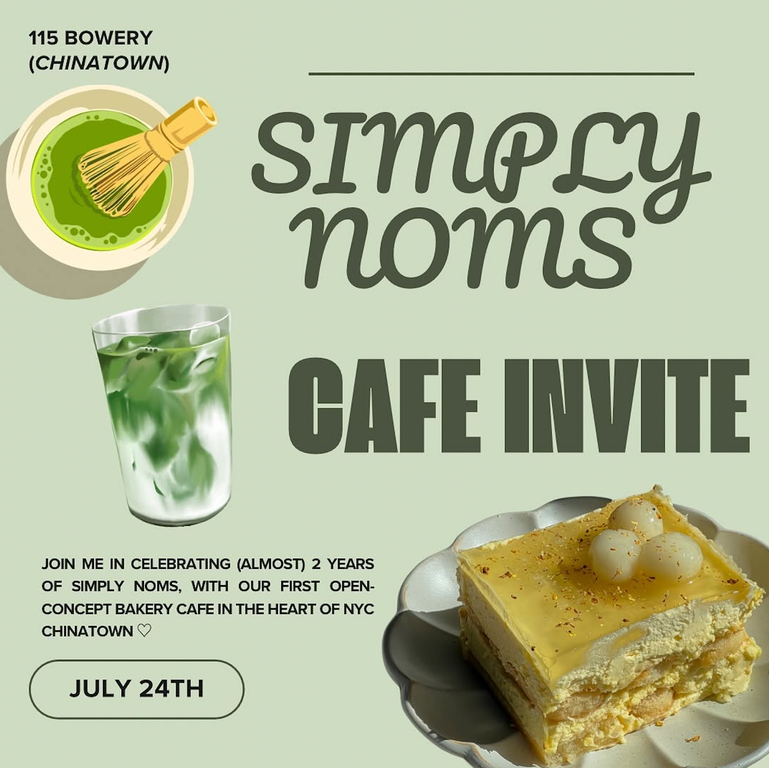 Simply Noms Pop-up Thursday, July 24, 2025, 12:00 PM - 7:00 PM. After 2 years of running her small-batch home bakery, Anna is celebrating Simply Nom’s birthday with her first-ever cafe concept at The Hub. While this is an open event, priority will be given to those who are on our Partiful RSVP list. Welcome to Chinatown, 115 Bowery New York, NY, 10002, United States.